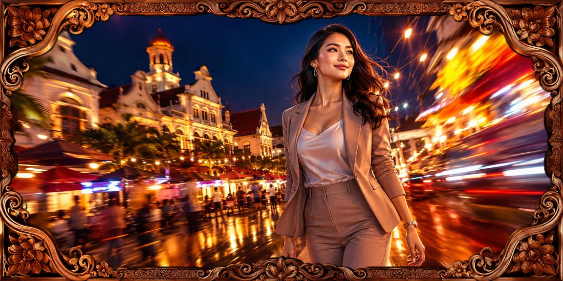 Suasana malam pasar dengan cahaya neon dan atmosfer festival taruhan online
