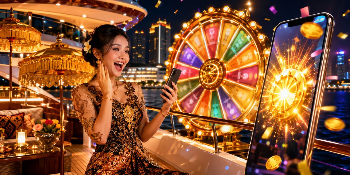 Model wanita Indonesia berpose senang dengan layar undian lucky draw dan hadiah